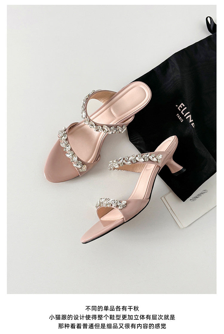 Karin Luna Exquisite Round Toe One-Strap Rhinestone Thin Heel Slippers
