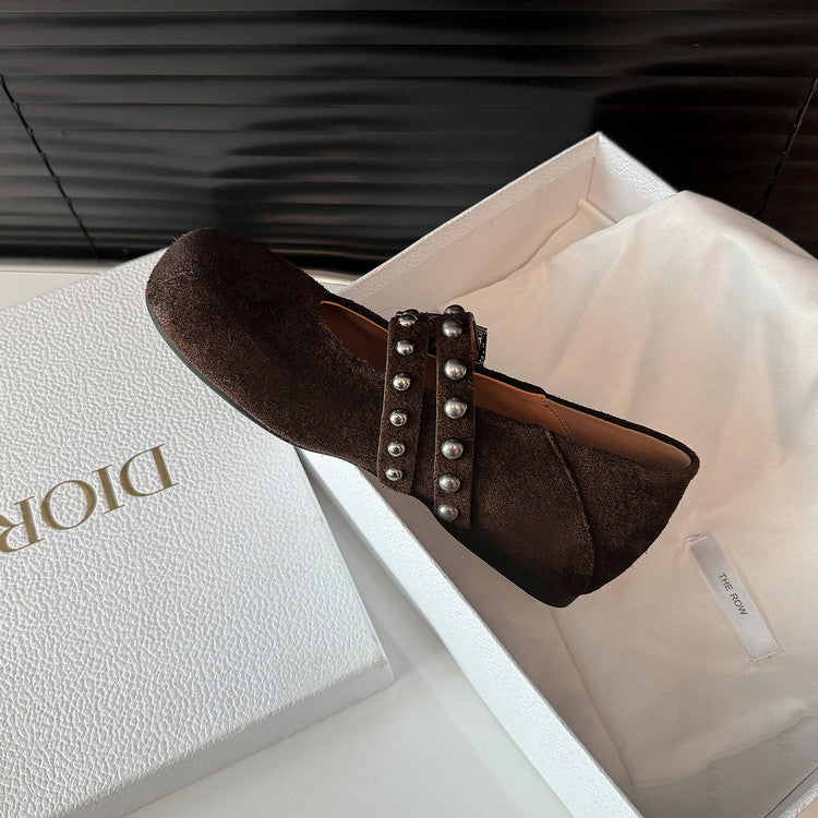 Karin Luna Hot Item Hot Item Punk Style One-Strap Round-Toe Suede Leather Height-Increasing Flats