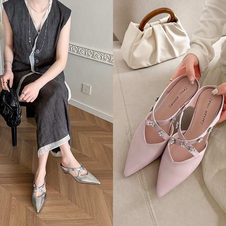 Karin Luna Elegant Pointed Toe Rhinestone Flower High Heel Mules