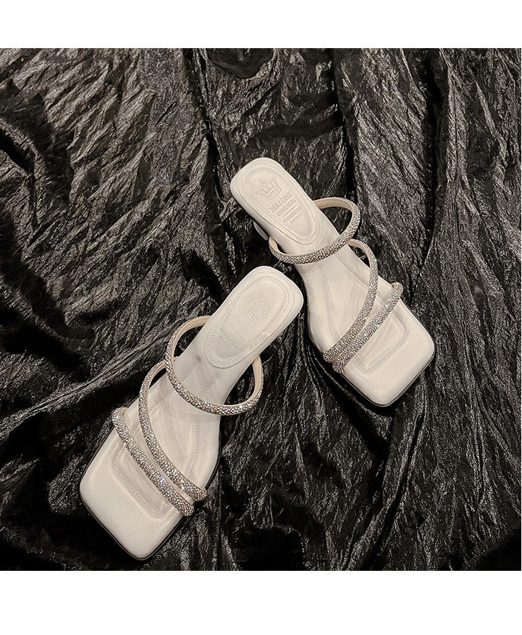 Karin Luna In Stock Spot Goods  Minimalist Versatile Square Toe Rhinestone Strap Open-Toe Sandals