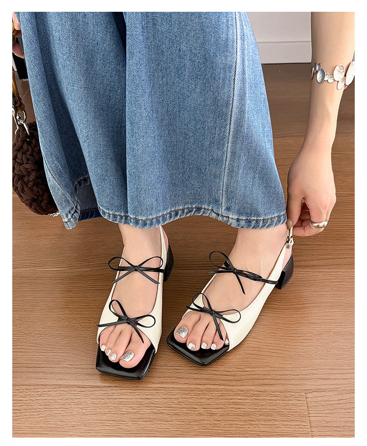 Karin Luna In Stock Spot Goods Square Toe Double Bow Thick Heel Sandals