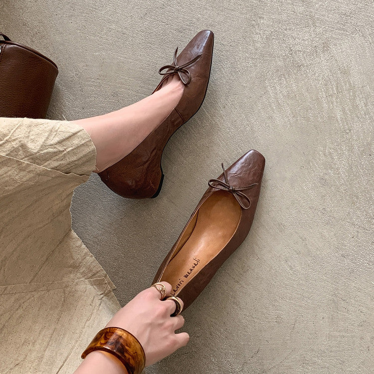 Karin Luna Full Layer Inside and Out~Basic Versatile Small Square Toe Butterfly Knot Irregular Heel Single Shoes