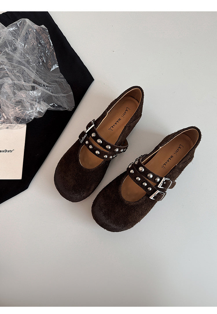 Karin Luna Hot Item Hot Item Punk Style One-Strap Round-Toe Suede Leather Height-Increasing Flats
