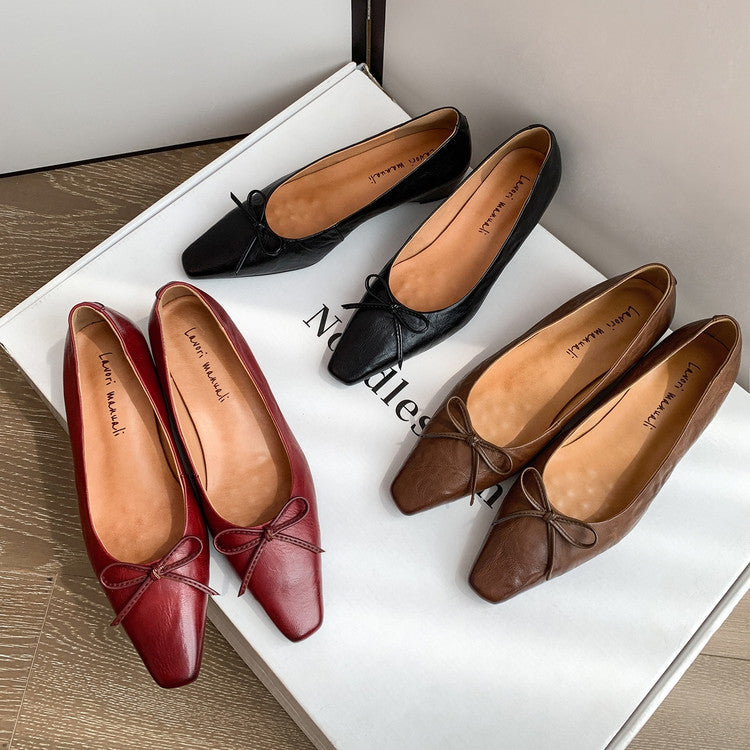 Karin Luna Full Layer Inside and Out~Basic Versatile Small Square Toe Butterfly Knot Irregular Heel Single Shoes