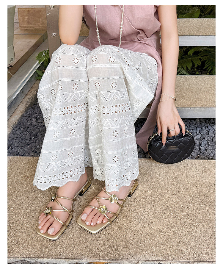 Karin Luna In Stock    Spot Goods    Square Toe One-Strap Sequin Flower Flat Slippers