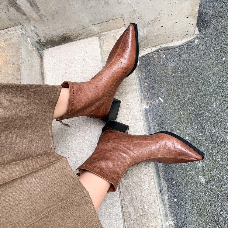 Karin Luna Elegant Style Pointed Toe Chunky Heel Short Boots