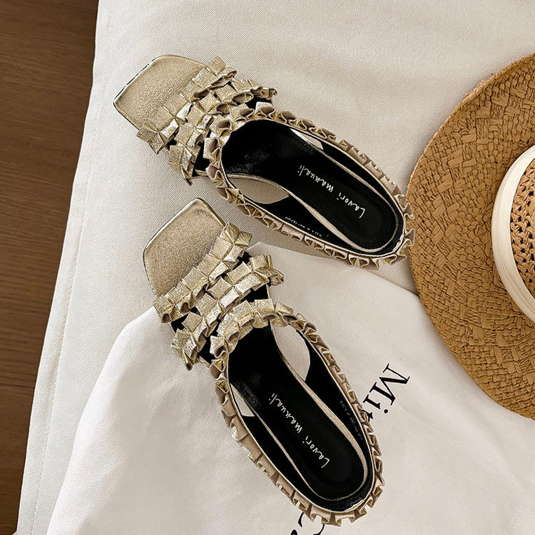 Karin Luna In Stock  Spot Goods  Unique Square-Toe Pleated Lace Sandals