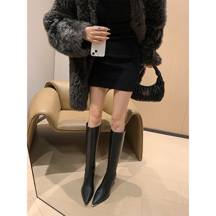 Karin Luna In Stock  In Stock Elegant Metal Pointed Toe Chunky Heel Full Cowhide Leather Riding Boots