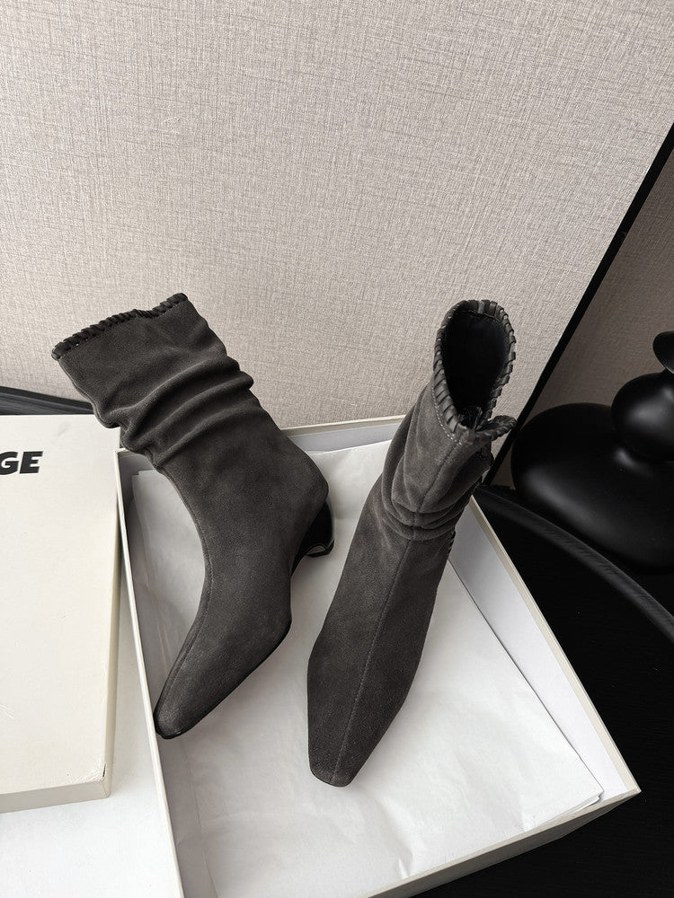Karin Luna Elegant Style Small Square Toe Pleated Short Boots