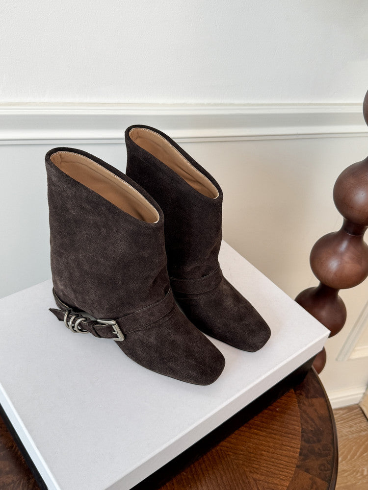 Karin Luna Data Hot Item Square Toe Hidden Wedge Belt Buckle Suede Ankle Boots