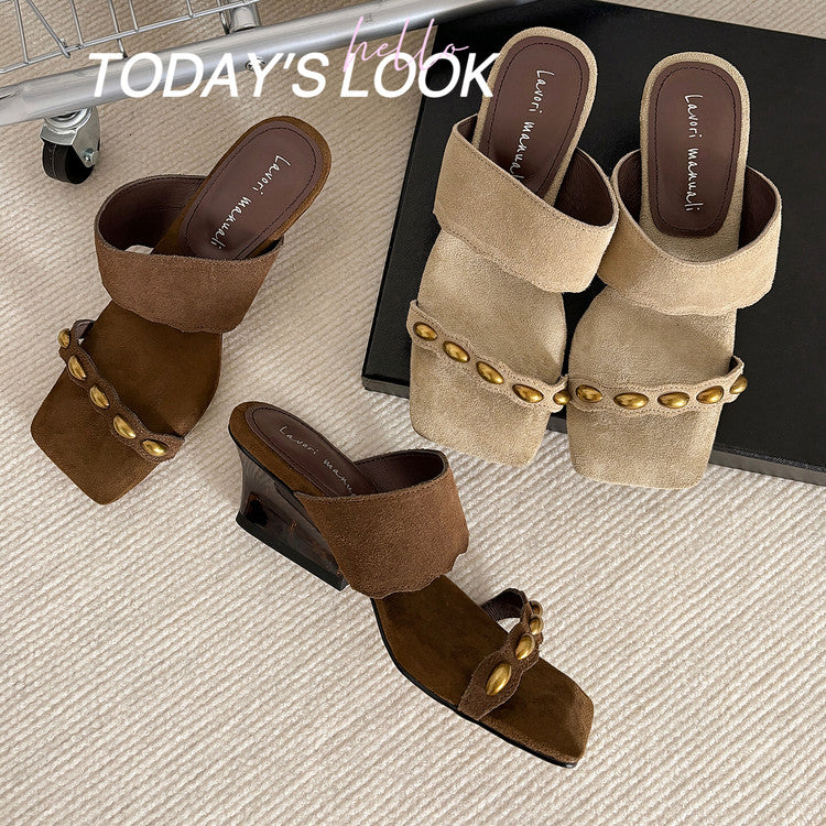 Karin Luna Hot-Selling Element Amber Heel~Spot Goods Spot Goods  Vacation Style One-Strap Amber Irregular Heel Slippers