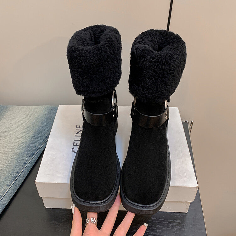 Karin Luna Genuine Lamb Wool and Cowhide Leather Hot-selling Metal Buckle Round Toe Chunky Heel Main Push Main Push
