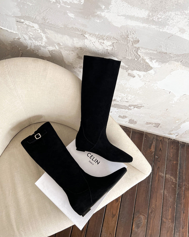 Karin Luna In Stock Spot Goods Vintage Cowhide Leather Chunky Heel Height Increasing Long Boots