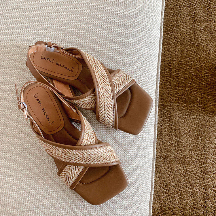 Karin Luna In Stock  Spot Goods Woven Style  Cross-strap Vacation Style Flat Sandals