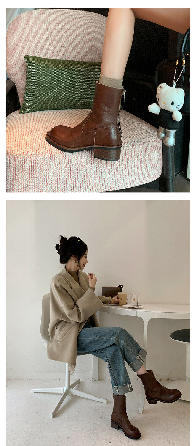 Karin Luna In Stock Spot Goods  Full-grain leather inside and out   Minimalist Texture  Round Toe Flat Bottom Basic Short Boots