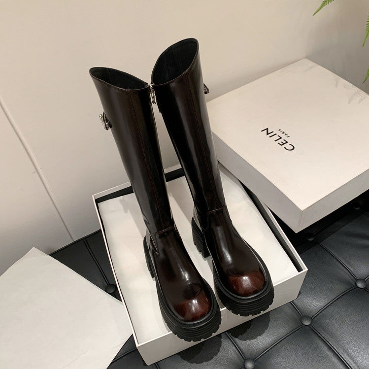 Karin Luna In Stock In Stock  Round Toe Thick Sole Belt Buckle Side Zipper Knight Boots
