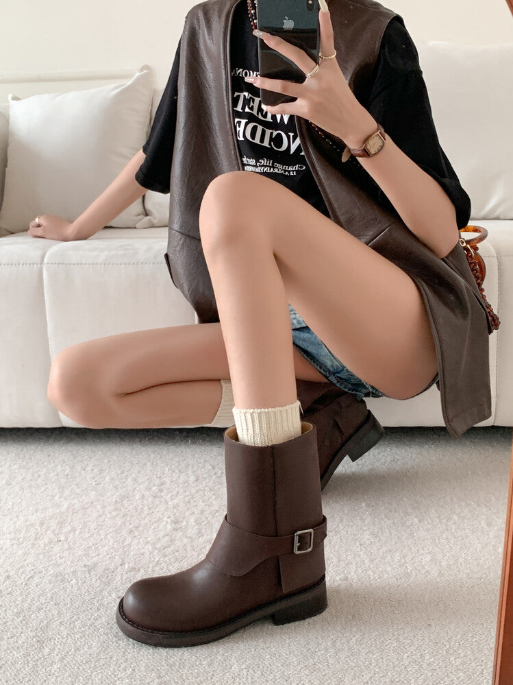 Karin Luna Belt Buckle Chunky Heel Fashion Short Boots