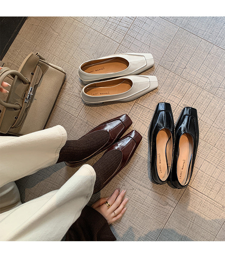 Karin Luna In Stock Spot Goods  Retro Full Leather Square Toe Shallow Mouth Single Shoes