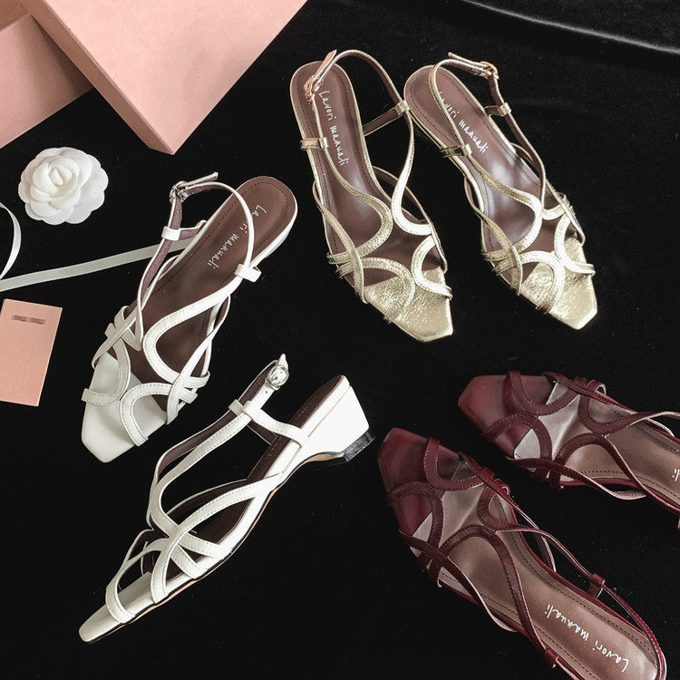 Karin Luna French Hollow Style Small Square Toe Chunky Heel Sandals