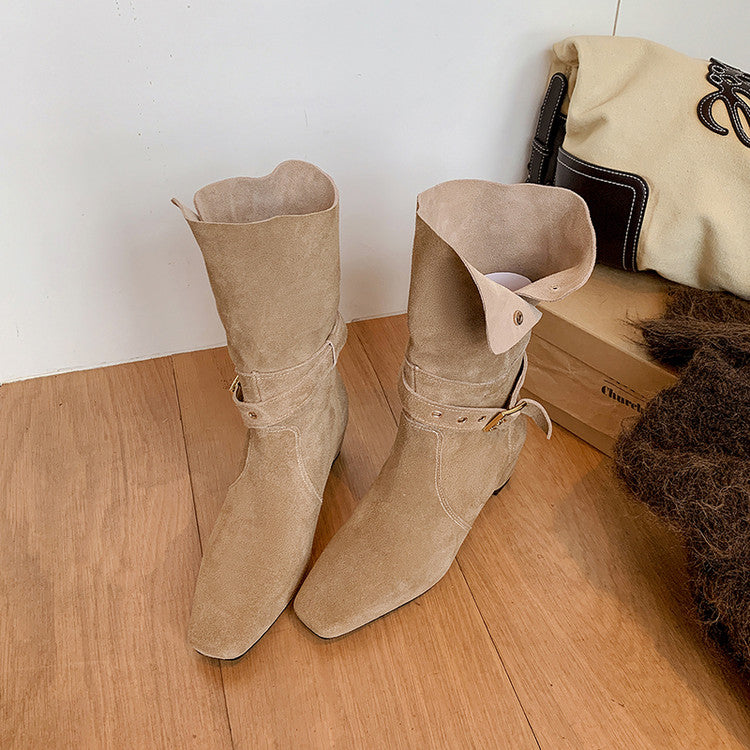 Karin Luna Foldable Belt Buckle Square Toe Hidden Wedge Short Boots