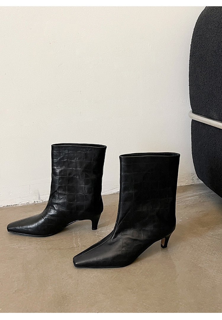 Karin Luna In Stock Spot Goods Top Layer Stone Pattern Cowhide Textured Small Square Toe Straight Short Boots