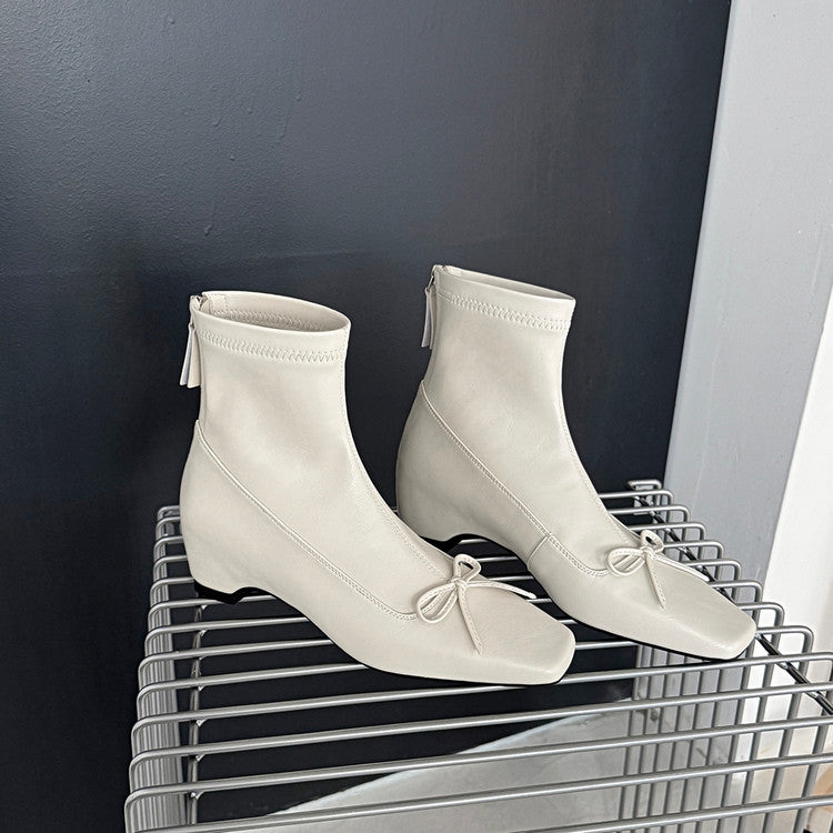 Karin Luna French Style Square Toe Bowknot Hidden Wedge Slim Boots