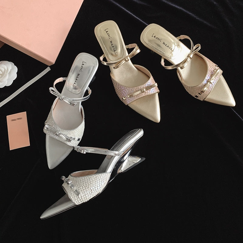 Karin Luna Fish Skin Series~Pointed Toe Irregular Heel Bowknot Strap Slippers