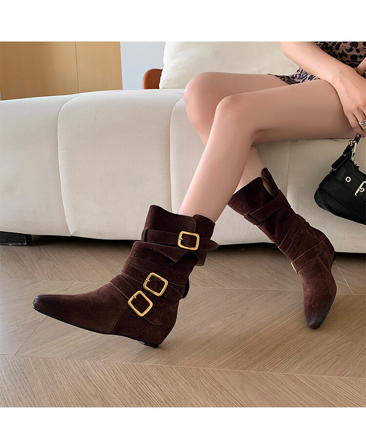 Karin Luna Cow Leather Small Square Toe Belt Buckle Fashion Boots