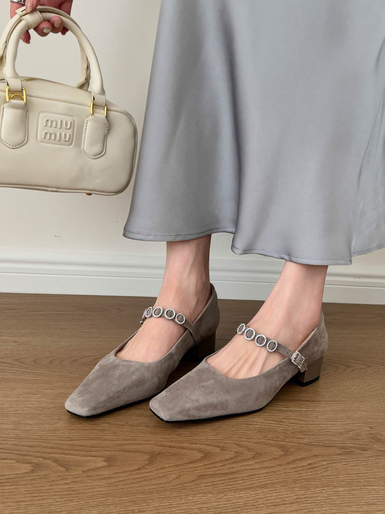 Karin Luna In Stock Spot Goods  Vintage Full Leather Square Toe Rhinestone Strap Shallow Mouth Single Shoes