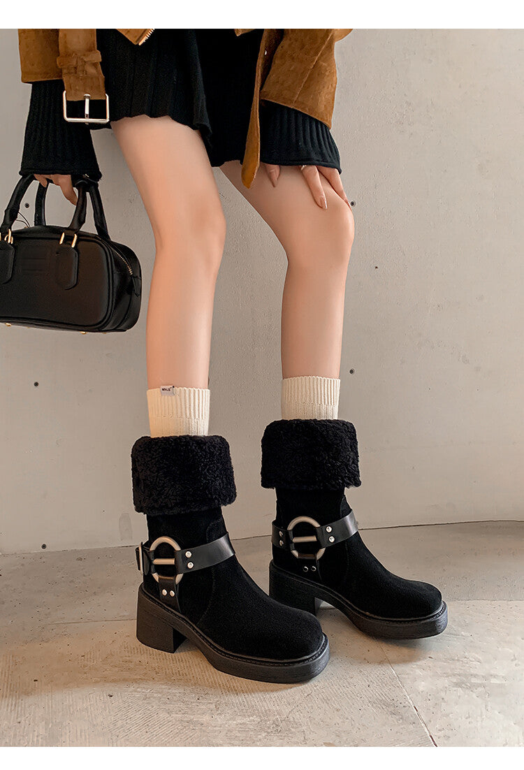 Karin Luna Genuine Lamb Wool and Cowhide Leather Hot-selling Metal Buckle Round Toe Chunky Heel Main Push Main Push
