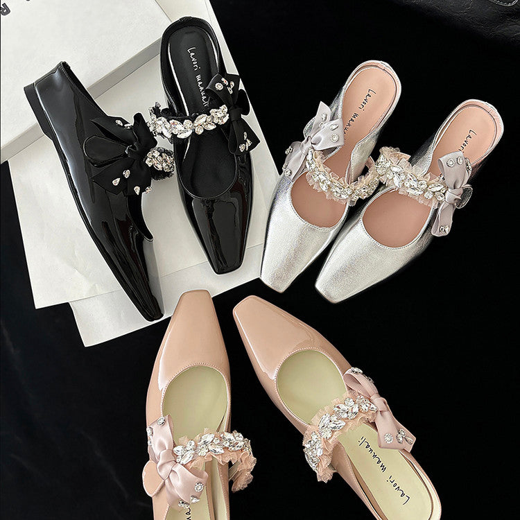 Karin Luna Handmade One-Strap Rhinestone Ribbon Square-Toe Mules
