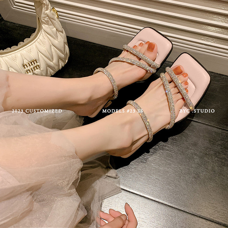 Karin Luna In Stock Spot Goods  Minimalist Versatile Square Toe Rhinestone Strap Open-Toe Sandals