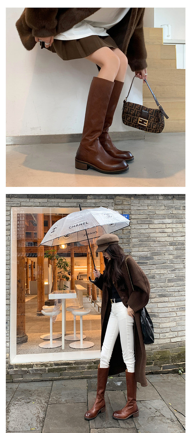 Karin Luna Basic Versatile Style Round Toe Chunky Heel Long Boots