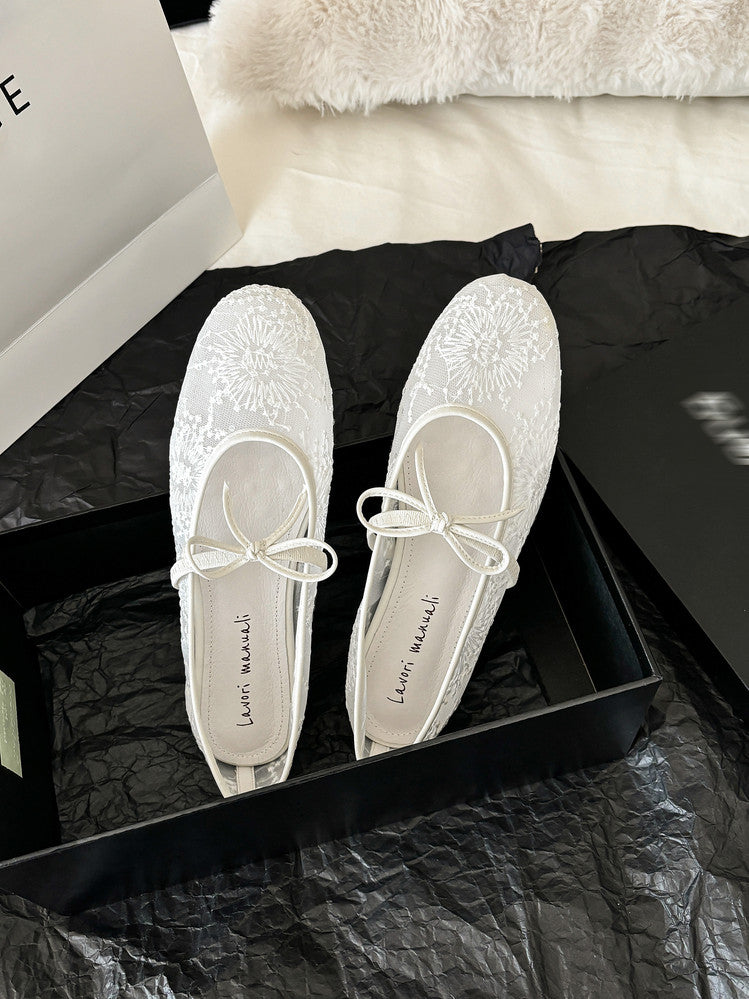 Karin Luna In Stock Spot Goods  Summer Breathable Retro Embroidered Bow Granny Shoes