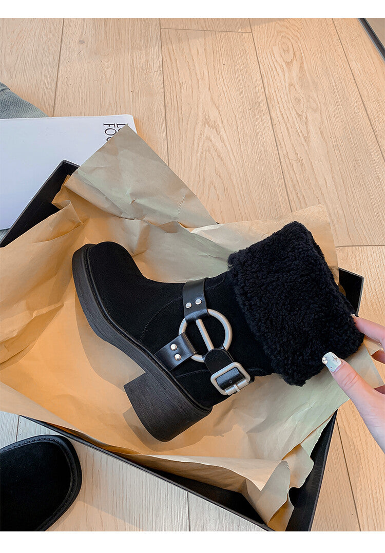 Karin Luna Genuine Lamb Wool and Cowhide Leather Hot-selling Metal Buckle Round Toe Chunky Heel Main Push Main Push