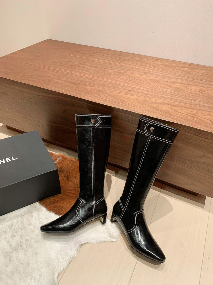 Karin Luna In Stock Spot Goods  Vintage Open Stitch Small Square Toe High Heel Side Zipper Riding Boots