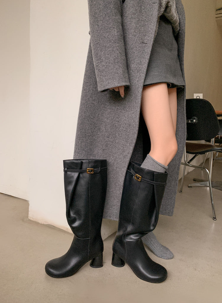 Karin Luna In Stock In Stock Mango Head Large Tube Belt Buckle Chunky Heel Long Boots