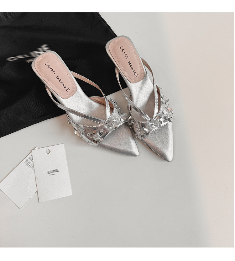Karin Luna Bestseller Sequin Elements Elegant Pointed Toe Irregular Heel Slippers