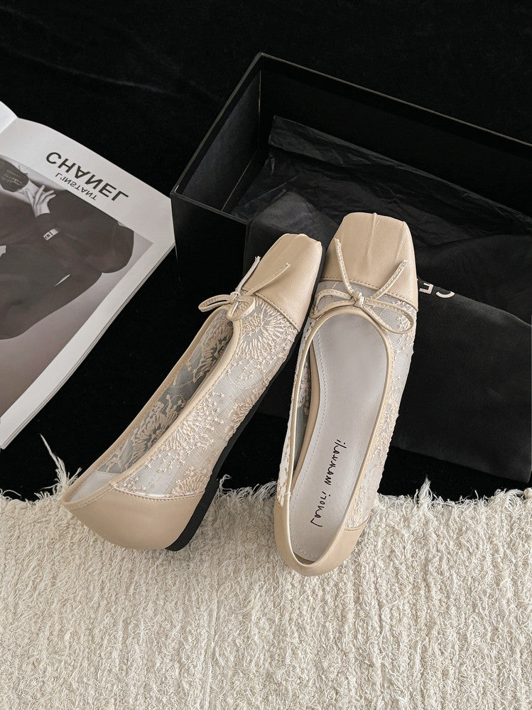 Karin Luna In Stock In Stock  Wrinkled Square Toe Patchwork Breathable Mesh Bow Granny Shoes