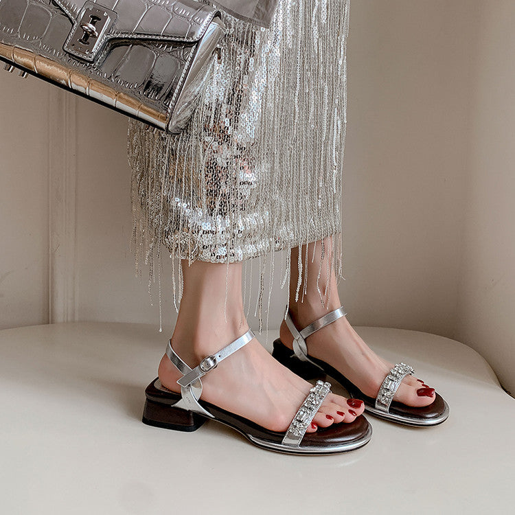 Karin Luna In Stock In Stock  Rhinestone Strap Round Toe Chunky Heel Sandals
