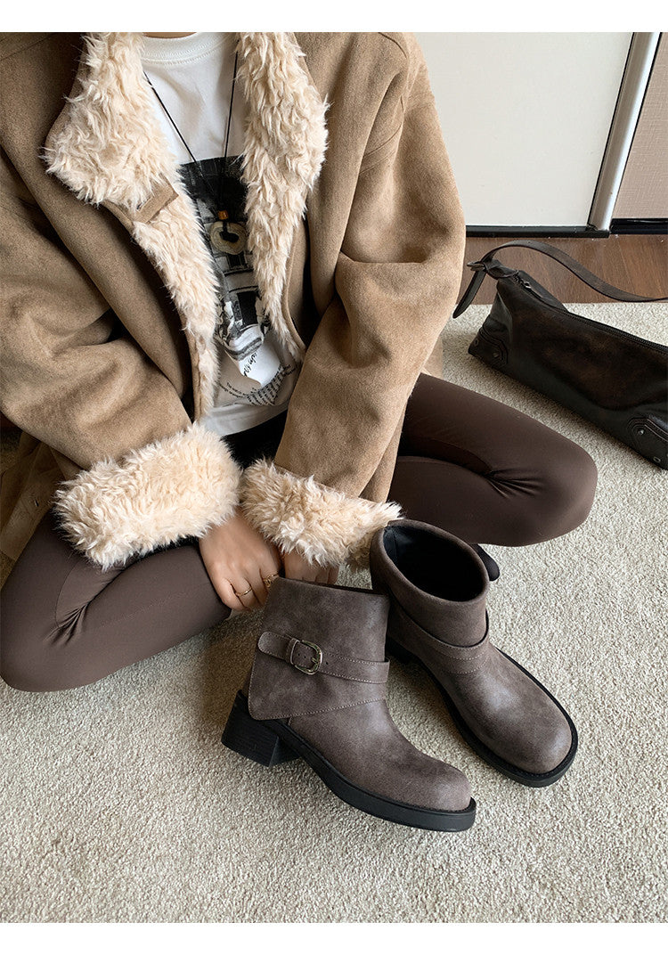 Karin Luna In Stock Spot Goods Versatile Basic Round Toe Belt Buckle Thick Sole Tube Boots
