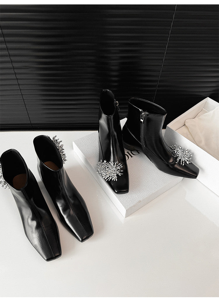 Karin Luna Elegant Style Square Toe Flower Design Height Increasing Short Boots with Two Front and Back Options