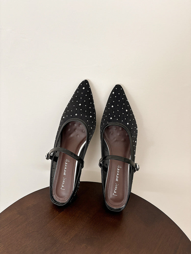 Karin Luna In Stock Spot Goods  Breathable Mesh Fabric Embellished Hand Drill Pointed Toe Slippers
