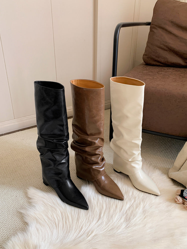 Karin Luna Elegant Style Pointed Toe Hidden Wedge Long Boots