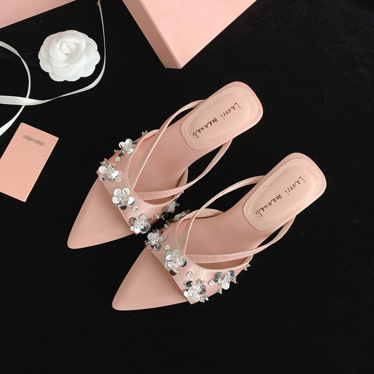 Karin Luna Bestseller Sequin Elements Elegant Pointed Toe Irregular Heel Slippers