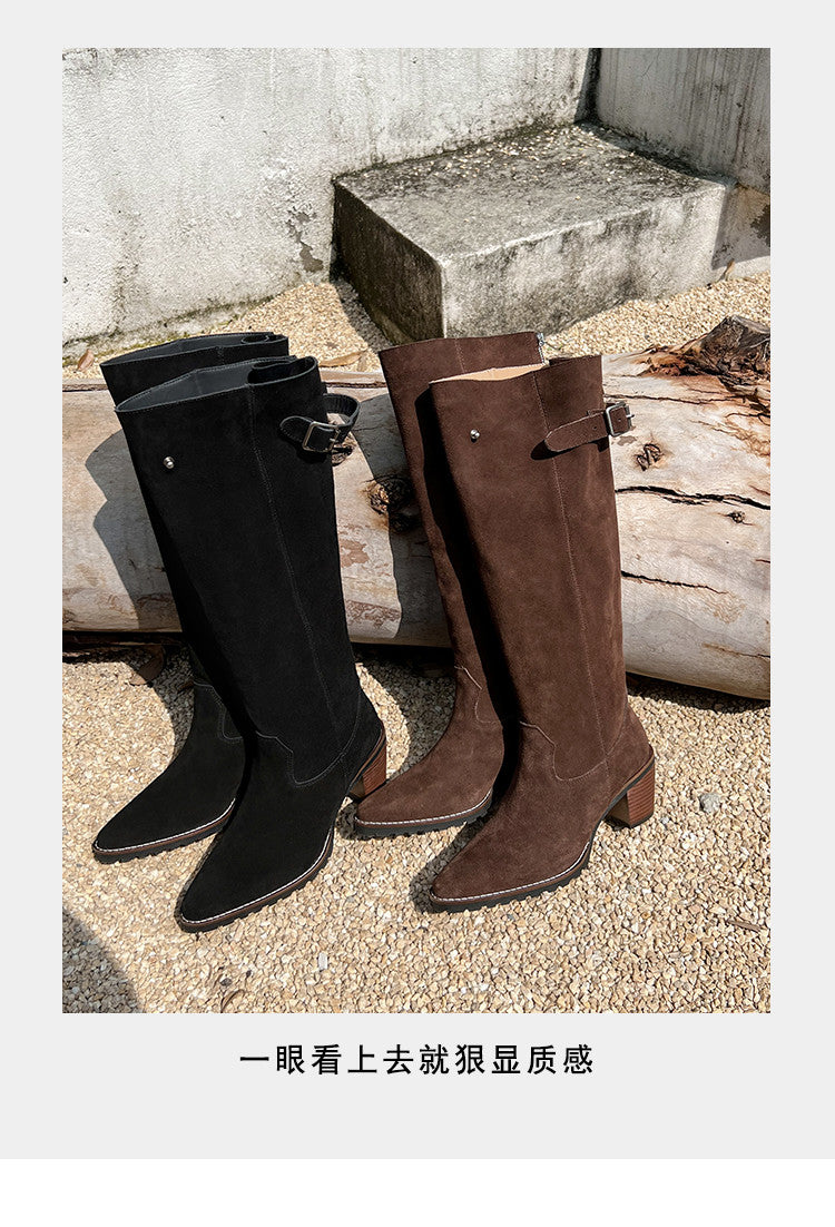 Karin Luna In Stock Spot Goods Retro Cowhide Leather Chunky Heel Suede Long Boots
