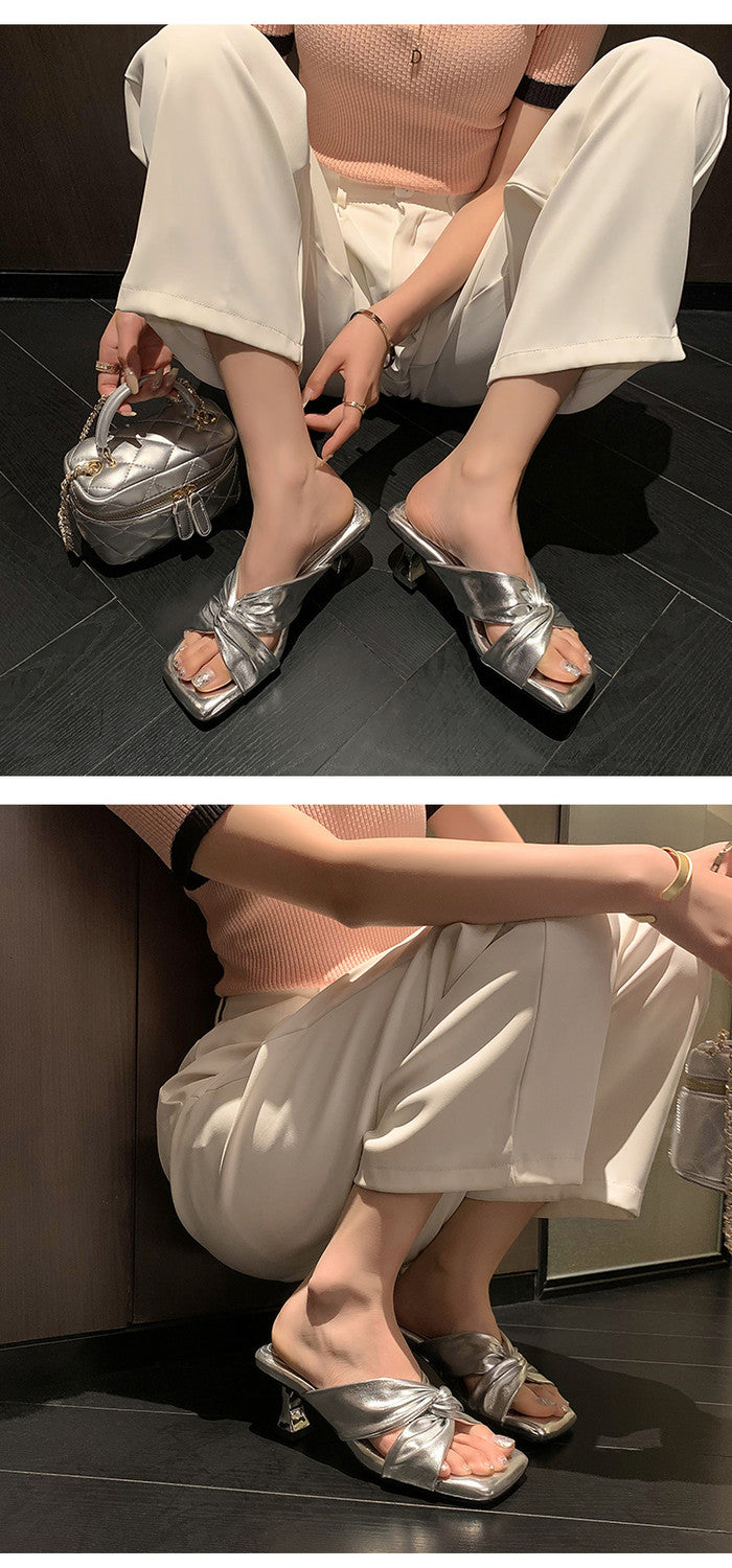 Karin Luna In Stock Spot Goods   Absolutely amazing4Color Cross Strap Thick Heel Square Toe Soft Slippers