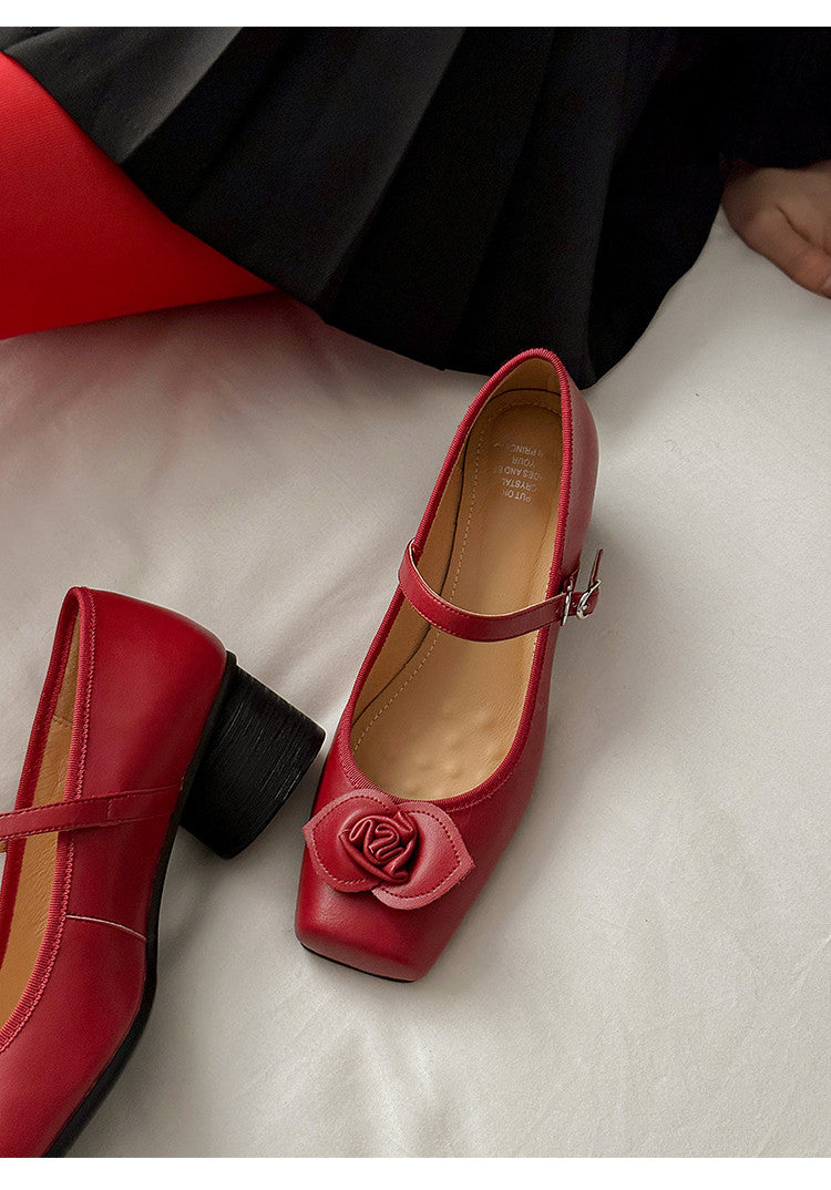 Karin Luna In Stock Spot Goods  Vintage Three-Dimensional Camellia Square-Toed Mary Jane Shoes