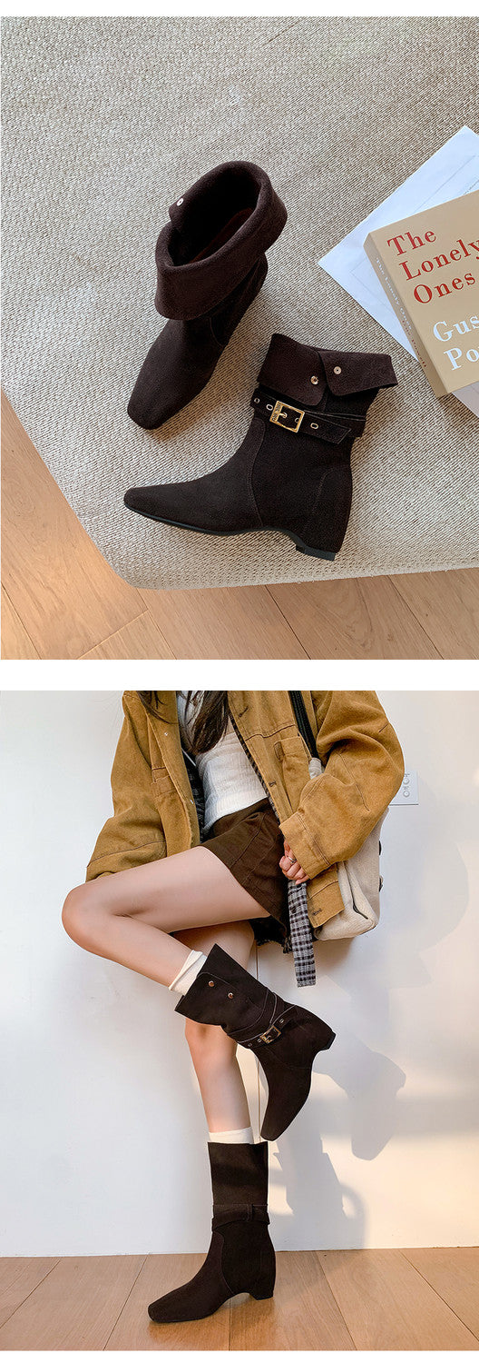 Karin Luna Foldable Belt Buckle Square Toe Hidden Wedge Short Boots