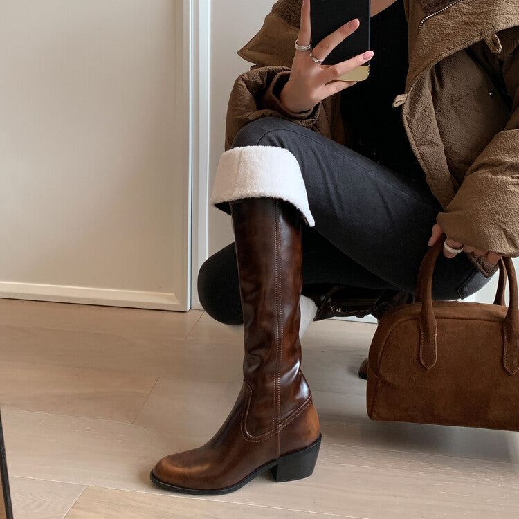 Karin Luna exploded  Three versions exploded Single Fleece Lining Fur Collar Version  Thick Fur Collar Foldable Hot-Selling Full Cowhide Pointed Toe Chunky Heel Classic Style